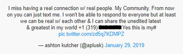画像: Twitter/Ashton Kutcher ※同ツイートは現在削除されているため、番号の掲載は控えさせていただきます。