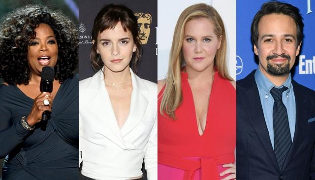 画像: 左から:オプラ・ウィンフリー、エマ・ワトソン、エイミー・シューマー、リン・エマニュエル・ミランダ