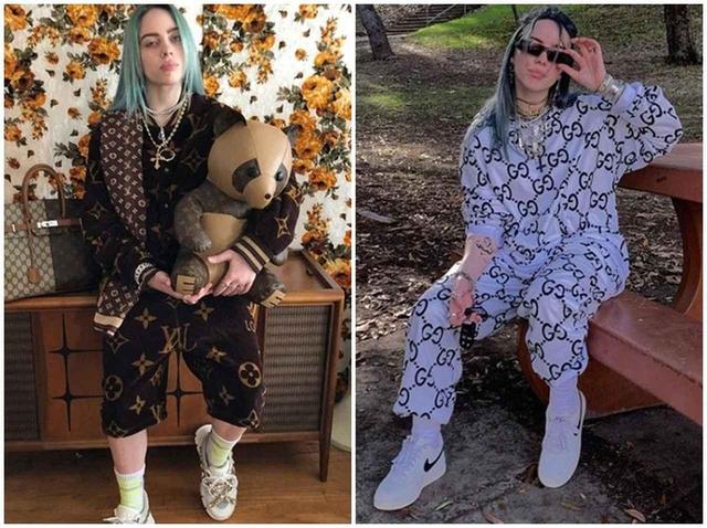 画像: グッチ×ルイ・ヴィトンのロゴがミックスされたエルメスのバーキンバッグというユニークなバッグや。全身ブランドロゴのアイテムをポップに着用するビリー。
