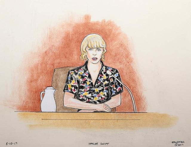 画像: 法廷で証言するテイラーの様子を描いたスケッチ。