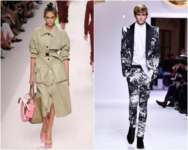画像: 左:カイア、FENDI(フェンディ)のランウェイにて、右:プレスリー、バルマン(BALMAIN)のランウェイにて。