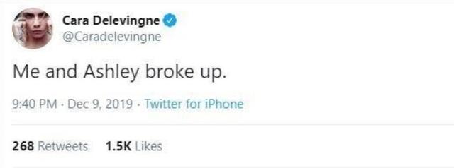 画像: アシュレイとの破局を報告するカーラのツイート。©Cara Delevingne/ Twitter