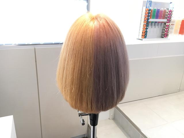 画像: 右半分:何も使用していない髪、左半分:ブロンド・アブソリュを使用した髪