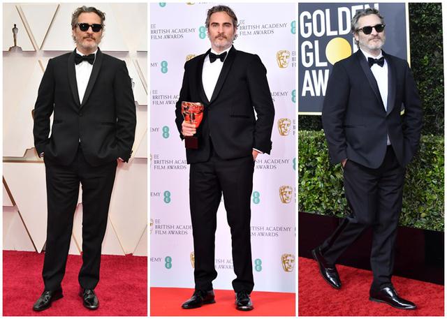 画像: 左から、2020年のアカデミー賞、英国アカデミー賞、ゴールデン・グローブ賞に、同じステラ・マッカートニーのスーツを着用するホアキン・フェニックス