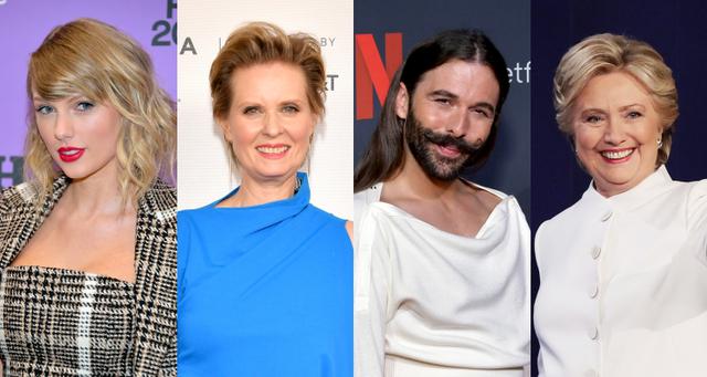 画像: 左から:テイラー・スウィフト、シンシア・ニクソン、ジョナサン・ヴァン・ネス、ヒラリー・クリントン