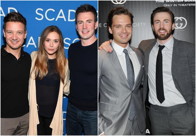 画像: 左:ジェレミー・レナー、エリザベス・オルセン、クリス。右:セバスチャン・スタンとクリス。