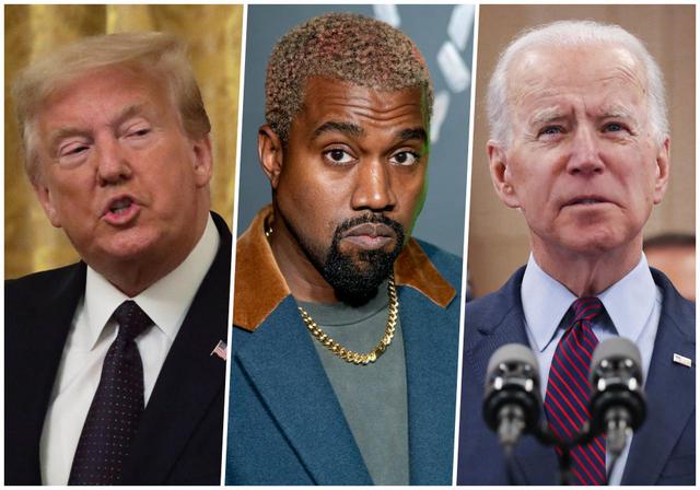 画像: 左からドナルド・トランプ大統領、カニエ・ウェスト、ジョー・バイデン元米副大統領。