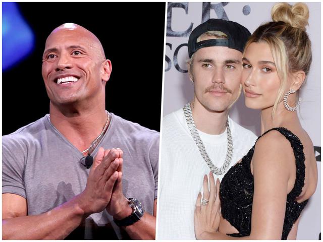 画像: ドウェイン・ジョンソン(左)とジャスティン・ビーバー&ヘイリー・ビーバー夫妻(右)。