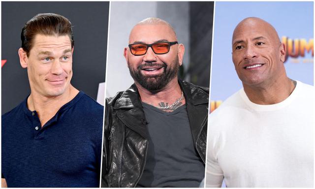 画像: 左からジョン・シナ、デイヴ・バウティスタ、ドウェイン・ジョンソン。