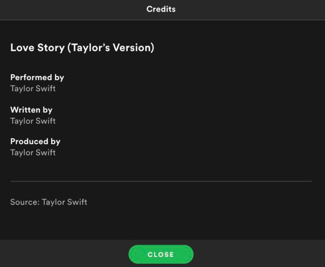 画像: Spotifyの「ラヴ・ストーリー(テイラーズ・バージョン)」のクレジット。©Spotify