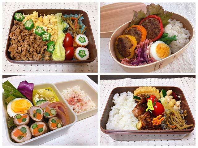 画像: (左上から)三色そぼろ・パプリカの肉詰め・いんげんの肉巻き・ズッキーニの肉巻き