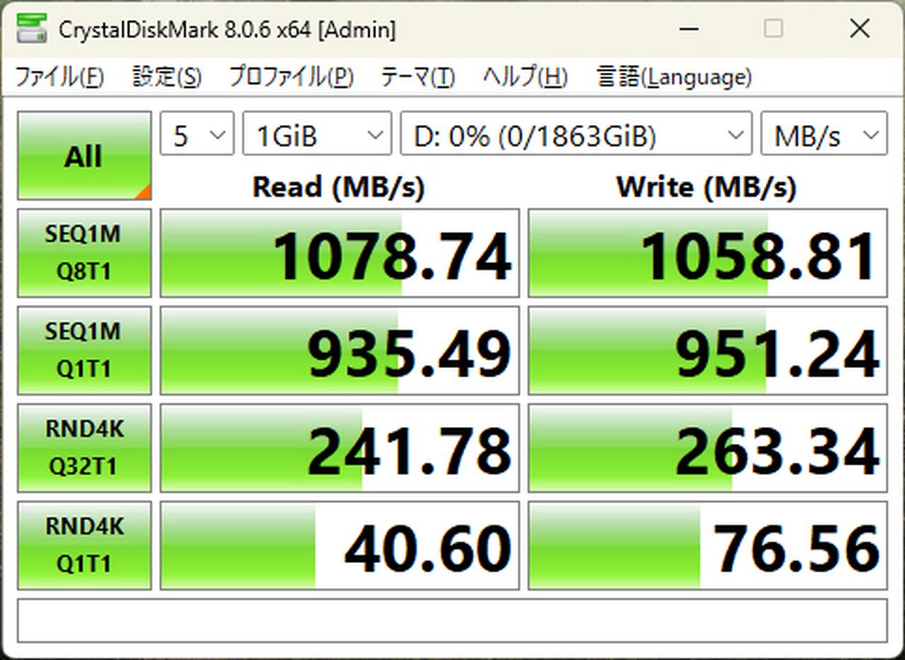 画像: 本製品を「USB 3.2 gen 2」端子に接続した場合の実測値です。ほぼ「USB 3.2 gen 2」規格の上限ですが、「USB4」規格に比べるとかなり遅くなることがわかります。