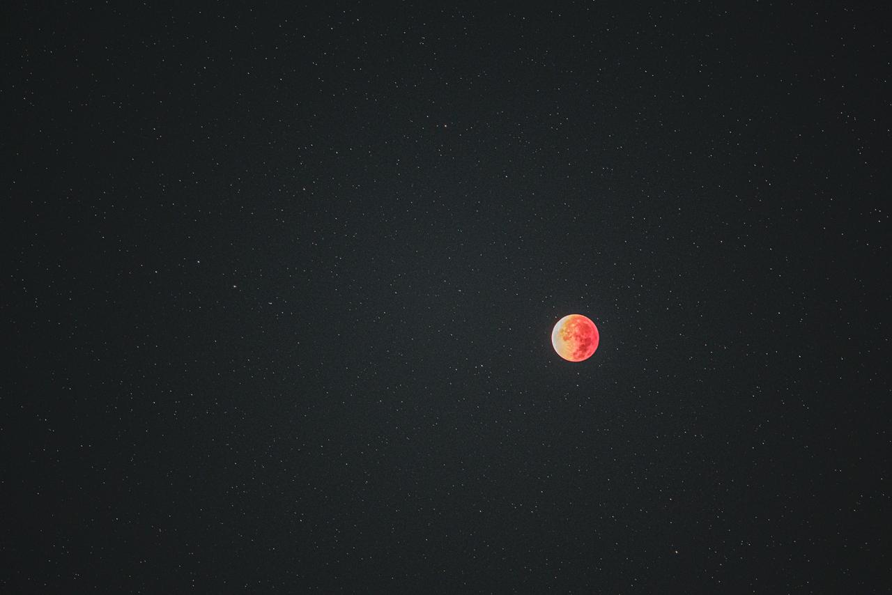 画像: 今秋の皆既月食。実はこのレンズ発表時から、星空にポッカリ浮かんだ皆既中の姿が撮りたかったシーン。絞り開放F2で、画面四隅までまったく星像が乱れず、完全な点像に写っているのは見事としか言いようがない。 ■絞りF2.0　1/2秒　ISO12800　WB:晴天