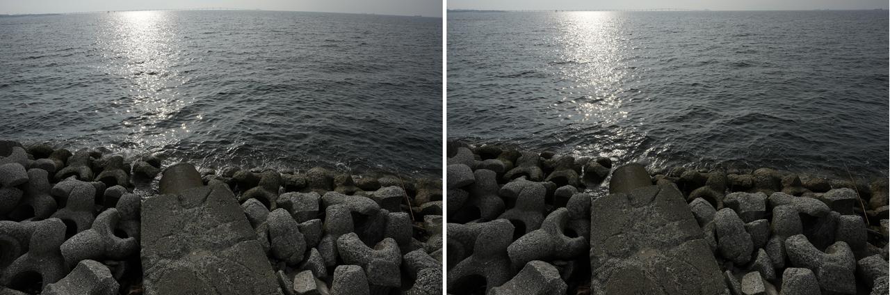 画像: こちらは歪曲収差補正だけでの比較。補正効果が分かり易いように極端な位置に水平線を配して「切」（左）と「オート」（右）の比較。割と素直な歪みなので「切」のままで超広角レンズらしさを味うも良しな気もします。