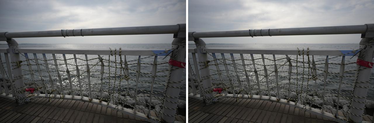 画像: カメラメニューのレンズ補正の周辺光量補正を試してみました。画像右が「周辺光量補正：切」で、左が「設定：オート」で画面左右の方向に帯状に近い減光が改善しているの確認できます。RAWで撮影しておけばα用の現像アプリでも含めて事後調整に対応可能。