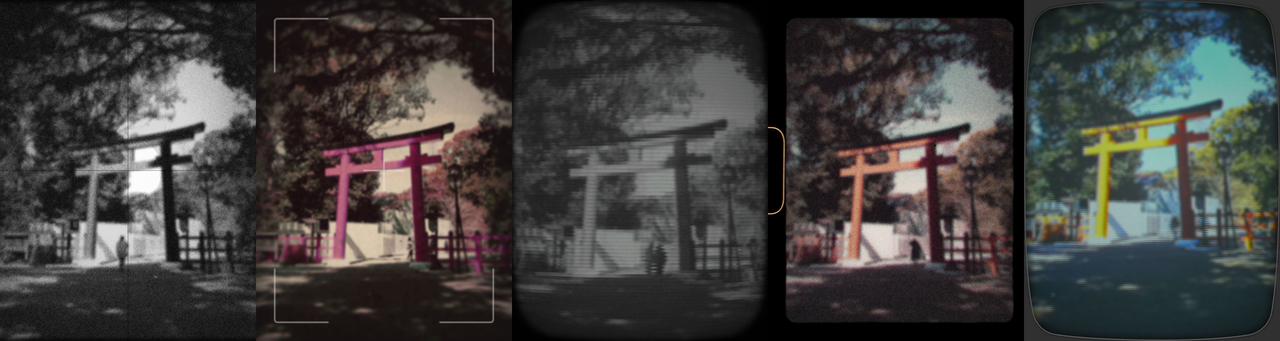 画像: 左から1930/1940/1950/1960/1970。こうして静止画で見ると「それっぽい」という印象しか得られないが、動画では画像はもとより独特の「揺れ」や音声の違いも楽しめる。