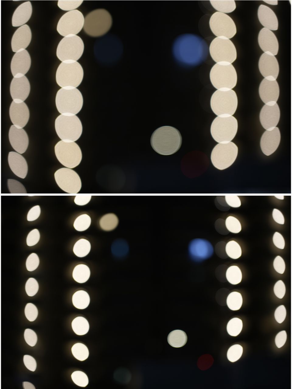 画像: ●テレ端100mmでの口径食チェック 距離300mほど向こうにあるマンションの灯りを、上の写真はレンズのフォーカスをマニュアルで1mにセットして撮影している。下の写真は同じ状況で3mにセットしている。このチェックでは口径食の状況とレンズの研磨精度が同時にわかる。本機は非球面レンズを採用しているが、玉ボケの光点の中に派手な輪帯（＝年輪ボケ）は認められず、非常に精度の高い非球面加工が施されていると考えられる。いっぽう、イメージサークルが35mm判ぎりぎりの広さでの設計となっているためであろう、口径食が大きく、画面中心から離れるにつれボケ形状の変形度合いが強くなり、グルグルぼけ発生の要因となっている。フォーカス変動によるケラレの変化はあまり見られない。 ■絞り優先AE(F2.8）　マイナス0.7露出補正　ISO320　WB:オート ※マニュアルフォーカス