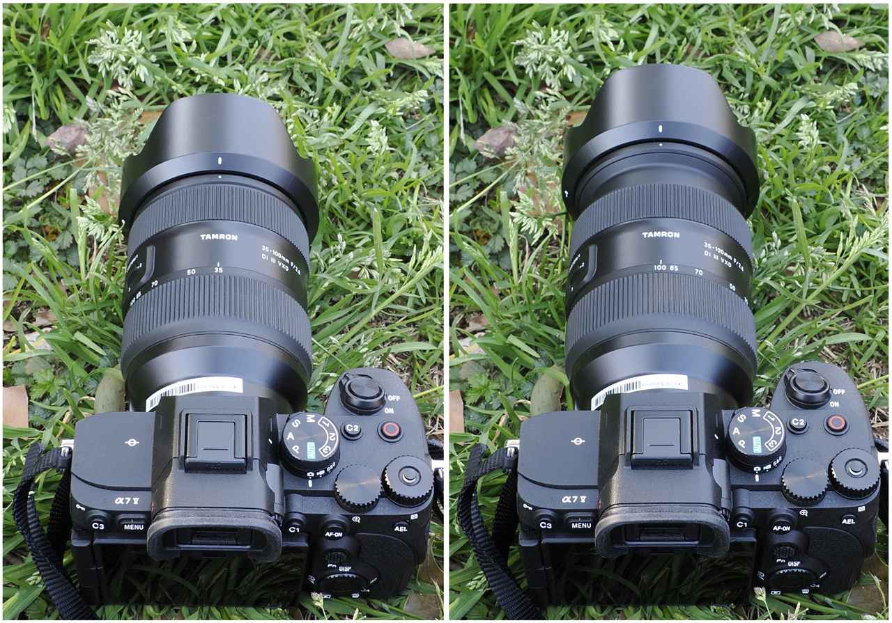画像: 左が35mm時で右が100mm時。ズーミングによって全長が若干伸びるが、使用上は全く差異を感じない。