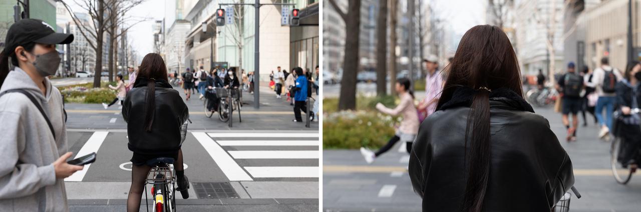 画像: 右画像は拡大したもの。Dual HLAの瞬発力により、とっさのスナップにも迷いがない。拡大してみると黒いレザージャケットの質感描写が秀逸で、素材特有の光沢感と細かなシワの立体感までしっかりと再現。髪の一本一本までフリンジの滲みが見当たらないのは見事。前後のボケもなだらかで自然な描写なのも好ましい。 ■絞りF2.5　1/800秒　ISO100