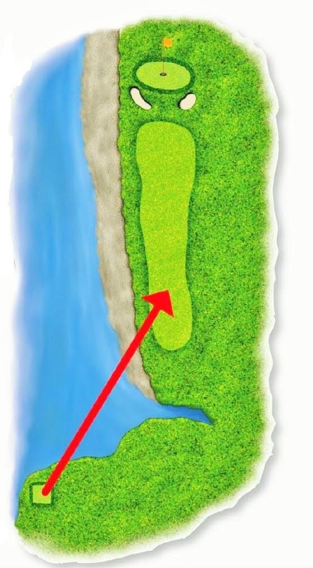 画像: フェアウェイ手前にハザードがあり、ベストな方向への狙い方が求められる
