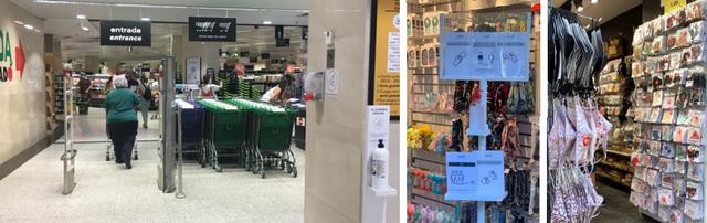 画像: 左から、スーパーマーケット入口の消毒・雑貨店での対策に関する看板・カラフルなマスク販売も /全て現地手配会社スタッフ撮影