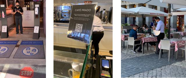 画像: 左から、店入口での消毒・QRコード型メニュー バルのテラスで自分のスマートフォンを見ながら注文する様子/全て現地手配会社スタッフ撮影