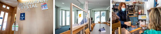 画像: 左から、レストラン入口に設置された消毒液/社会的距離をとった店内客席/アクリル板を挟んで接客 すべてユングフラウ鉄道 提供