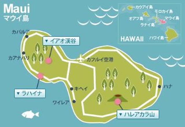 画像: 中央部に空港やパイア、西部には歴史あるラハイナ、東部にはハナがある