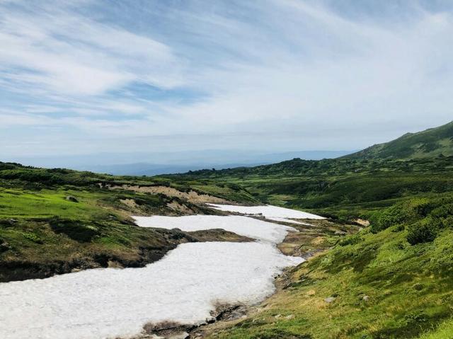 画像: 夏なのに発生する「雪庇」。雪と花と大雪山系のコントラストをお楽しみ