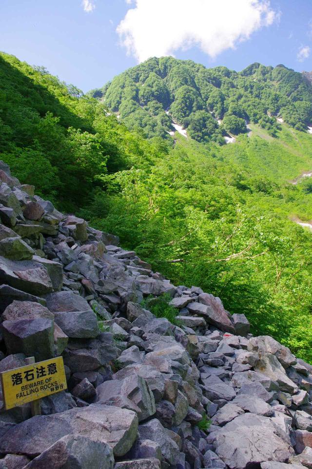 画像: 崩落箇所での落石に注意しましょう