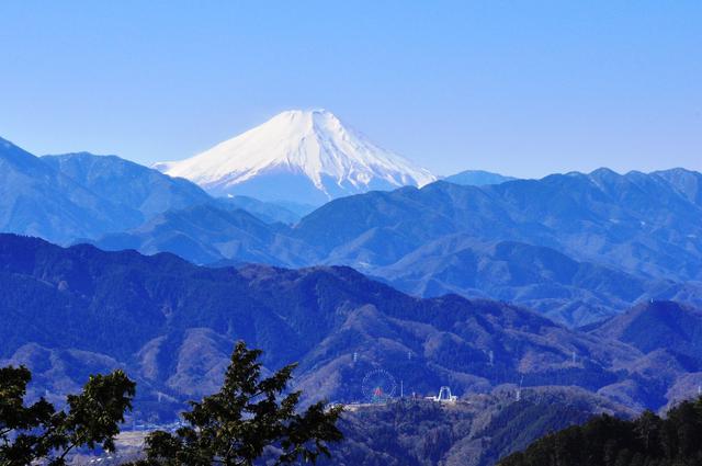 画像: 高尾山山頂から見る雪をかぶった富士山