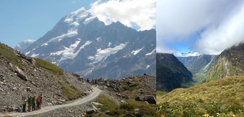 画像: （左）意外とほぼ平坦なマウントクック・フッカーバレーハイキング（イメージ）／（右）ミルフォードトラックのマッキノンパスから見る氷河谷（イメージ）