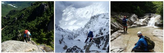 画像: 左:小川山での岩登り 中:赤岳雪山登山 右:赤坂谷での沢登り