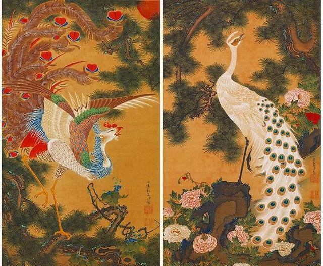 画像: 伊藤若冲の「孔雀鳳凰図」江戸時代 宝暦5年(1755)頃 岡田美術館蔵 (展示期間:9/30~10/10、12/29~3/30)