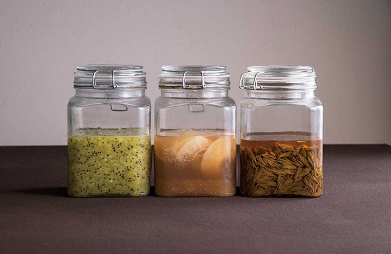 画像: 自家製発酵調味料。右は松の木の新芽のピクルス、中央は梨の発酵ジュース、左は発酵キウイフルーツ
