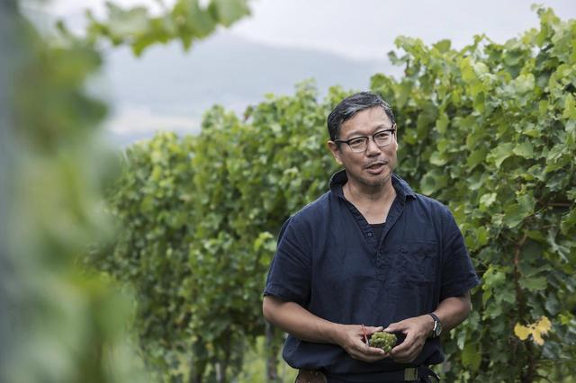 画像: 醸造家の小山英明氏。カフェ・レストランがあるブドウ畑とは別に、10年ほど前からは大規模農園にも着手