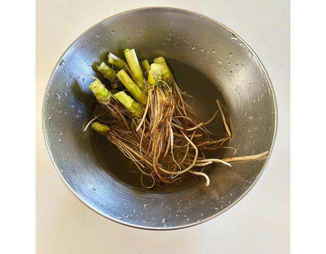画像: 水を入れたボウルに根の部分を漬けて、泥をふやかして洗う。細部に入り込んだ土は竹串などでかき出す