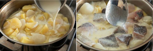 画像: たらの塩を拭き取り、1切れを3等分する。野菜に火が通ったら牛乳を静かに注ぐ。蓋をして10分ほどして野菜が煮えたら、たらをのせて煮汁をかけ、蓋をして5〜6分煮て、たらに火が通ったら出来上がり。