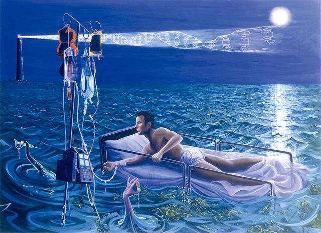 画像: フランク・ムーアの作品《Beacon (かがり火)》(2001年)。HIV陽性の診断を受けた後のムーアは、自身が実際に病院で受けた治療を象徴するようなアイテムを、次々に作品に描き込んでいった。 FRANK MOORE, “BEACON,” 2001, OIL ON CANVAS OVER FEATHERBOARD PANEL, COURTESY OF THE GESSO FOUNDATION AND SPERONE WESTWATER, NEW YORK