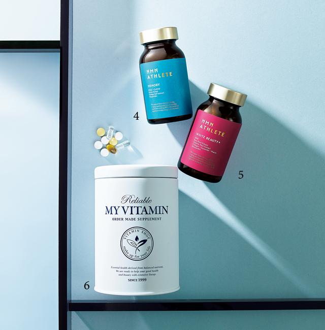 画像: インナーサポートアイテムも充実。「エナジー不足でぼんやり……をどうにかしたい！」等、相談しながら選べるのも心強い。4 各国で研究開発が進む成分NMN。国内製造、純度99.9%以上でβ型NMNを使用。NMN+PQQ、CoQ10、納豆キナーゼを配合。メモリー（120粒入り・30日分）￥19,980・5 バラの花びらエキス、ツバメの巣エキス、コラーゲン入り。ホワイトビューティープラス（120粒入り・30日分）￥19,980／ビセラ研究所（NMN ATHLETE）6 生活習慣などを問う栄養アドバイスのあと、最短20分で自分専用のサプリメントセットをつくってくれる。1 日分の分包で便利。マイビタミン（ 1 日分）￥216〜／ヘルシーワン