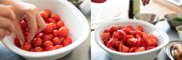 画像: オーブンを180℃に予熱する。ミニトマトはへたを取り、深めの耐熱容器に入れる。金串などで刺し、穴を1カ所空ける。ミディトマトはへたを取って2等分。トマト（中）はヘタを取って4等分し、ミニトマトの上にのせ、塩を軽く振る。