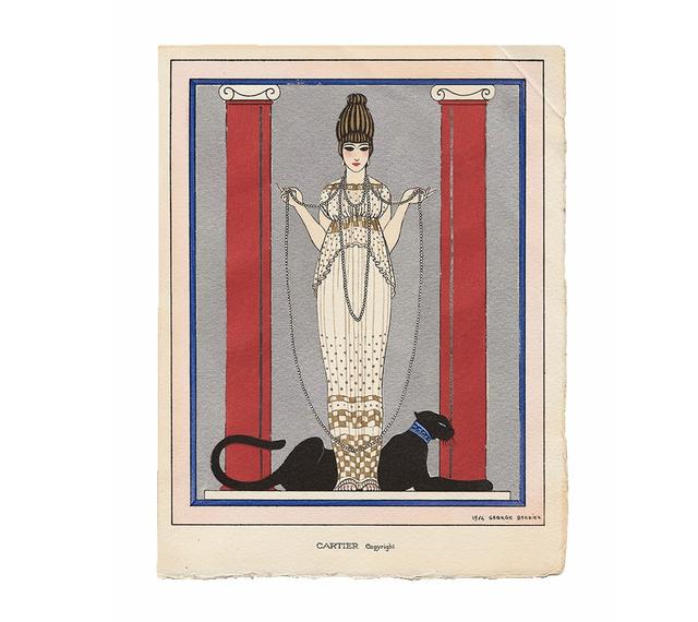 画像: 1914年、カルティエから顧客に送られた展示会の招待状。当時の人気イラストレーター、ジョルジュ・バルビエによって描かれた水彩画《貴婦人とパンテール（DAMIER A LA PANTHERE）》が用いられた。 ILLUSTRATION BY GEORGE BARBIER. CARTIER PARIS, 1914. CARD AND TRACING PAPER. 22.3×17.2cm. INV. MF03/INST/03 CREDIT: GEORGE BARBIER, ARCHIVES CARTIER PARIS © CARTIER