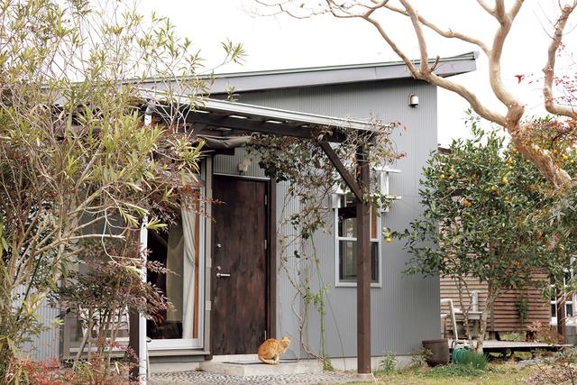 画像: 自宅の外観。片流れの屋根の高い方向に、広いウッドデッキのテラスがある。右奥に見えるのがアトリエ。敷地は約140坪。広い庭には、元からあった古い榎に加えて、百日紅やフェイジョア、梅、金柑などを植えた。「夏はずっと草刈りをしています」