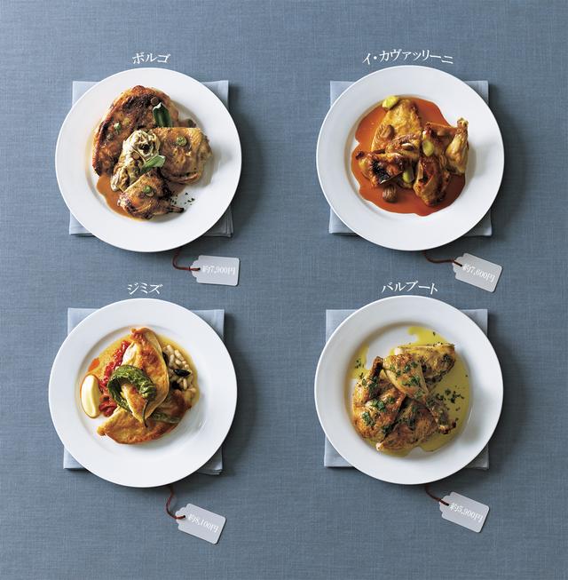 画像: 左上から時計回りに： ボルゴの薪オーブンで焼いた鶏肉。キャベツのピカタが詰め込まれている。イ・カヴァッリーニのロースト・ヘリテージ・チキン。つけ合わせは煮込んだにんにくと栗。バルブートのローストチキン、サルサ・ヴェルデ（緑のソース）添え。ジミズの鶏肉のバスク風煮込み