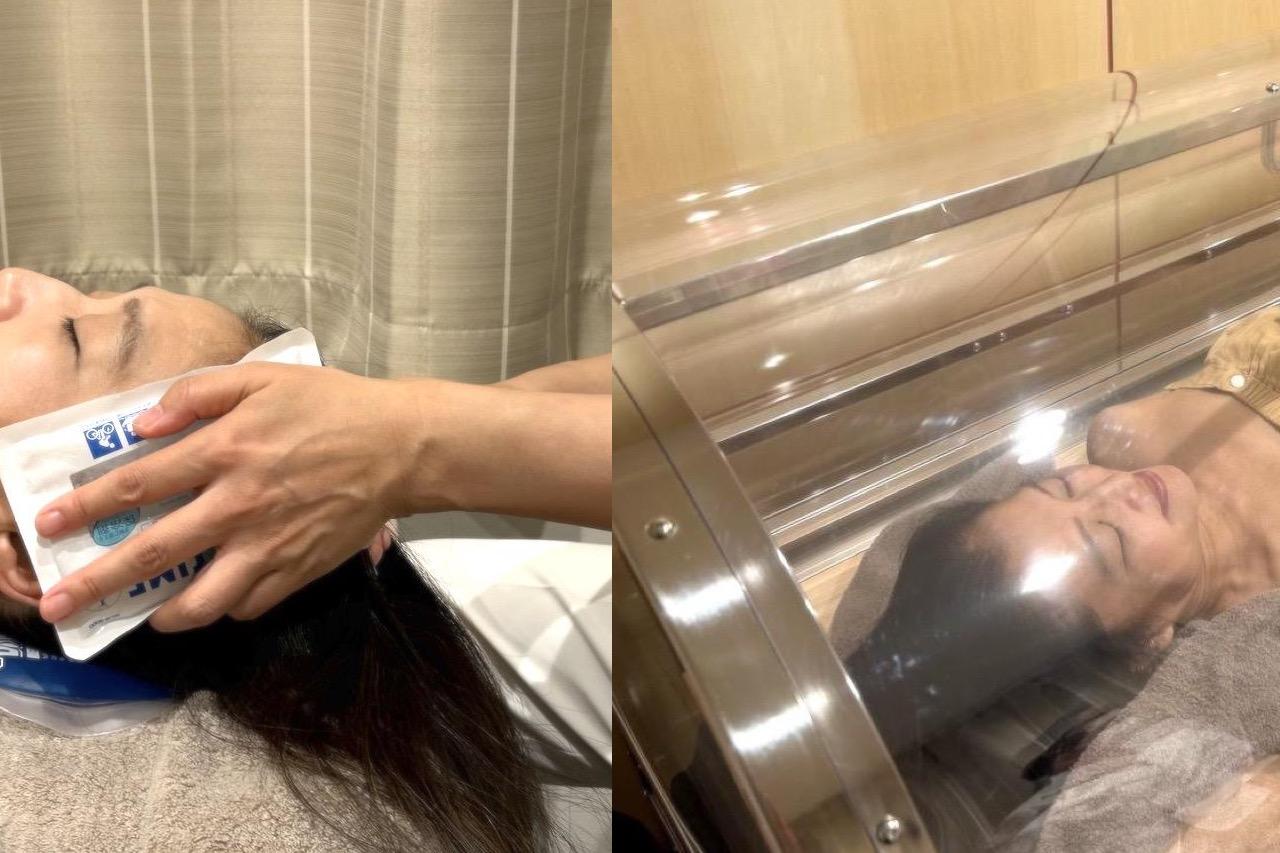 画像: (左)頭皮のクーリングはヘッドスパでは初めて。体調が悪いわけでもないのにとても心地いいのは、頭に無駄な熱がこもっているからかも。(右)カプセル内は暑くも寒くもなく、息苦しさもにおいもなく、ただただ心地よい空間でラドンを浴びられる