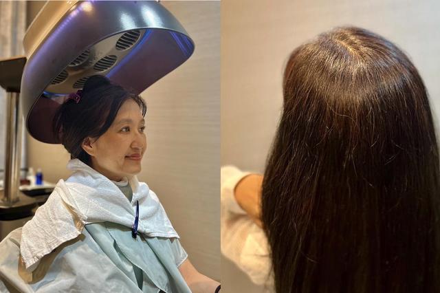 画像: (左)まだまだ導入サロンがとても少ない世界最小の水分の補給が可能なハイドレイドマシーン。(右)乾かしただけなのに、“天使の輪”が!赤みが気になっていた頭皮の色も、キレイに