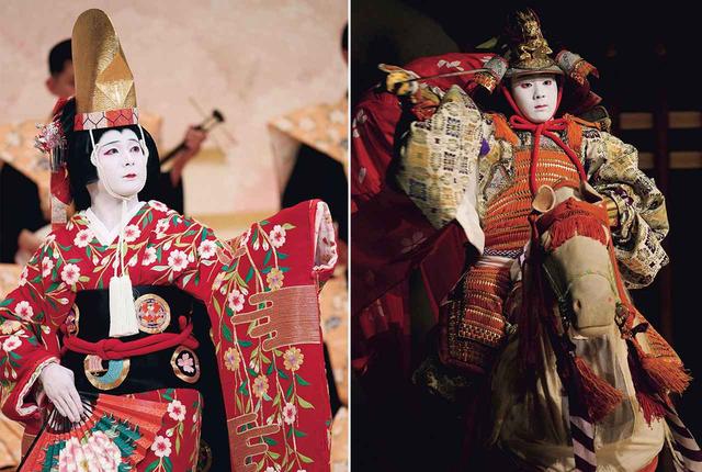 画像: (左)『男女道成寺』で艶やかに舞う中村莟玉。(右)『一谷嫩軍記』で平家の若き公達・敦盛を演じる中村勘太郎
