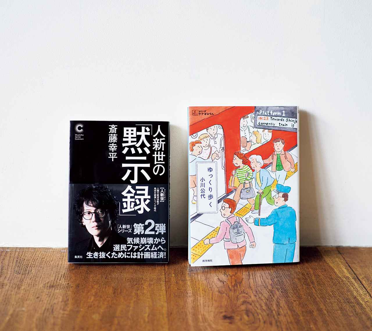 画像: （左）『人新世の「黙示録」』 社会はますます過剰な資本主義に飲み込まれ、コモンの考えからは遠ざかる一方。そこから、かつて社会主義体制で行われた「計画経済」を見直し、現代に合わせてアップデートするという画期的な方法を見いだす。現代の苦境を乗り越えるための提言の書。斎藤幸平著／集英社 （右）『ゆっくり歩く』 母が難病と診断され介護が始まった。しかし忙しく生きてきた娘と、動きが制限され始めた母はペースが合わず衝突。お互いを尊重し合おうと、娘は文学の中の場面を引き合いに出して母を励ます。家族と歩んだ人生を振り返りつつ、ケア論を展開するエッセイ集。小川公代著／医学書院