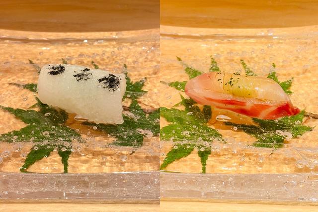 画像: (左)アオリイカに竹炭をのせて。(右)関イサキ