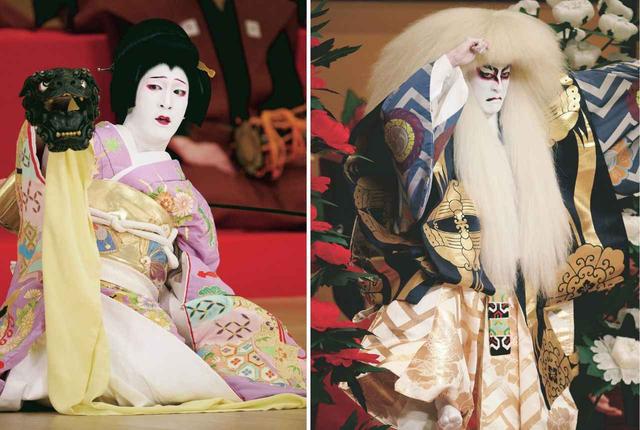 画像: (左)仏師の江場琳觀氏に制作を依頼した獅子頭とともに、弥生を演じる尾上右近。(右)舞台の後半では獅子の精となり、勇壮な姿で圧倒する